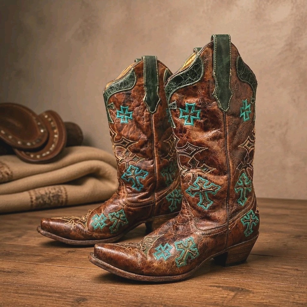 CORRAL Women's 8.5 Whiskey/Turquoise 3 Crossin y Vamp Tube Snip Toe Boot R1019